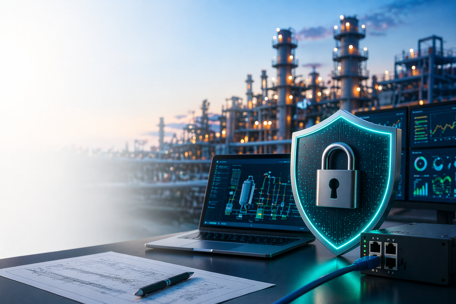 industrial cybersecurity architecture with secure communication protocols and network protection in industrial environment
