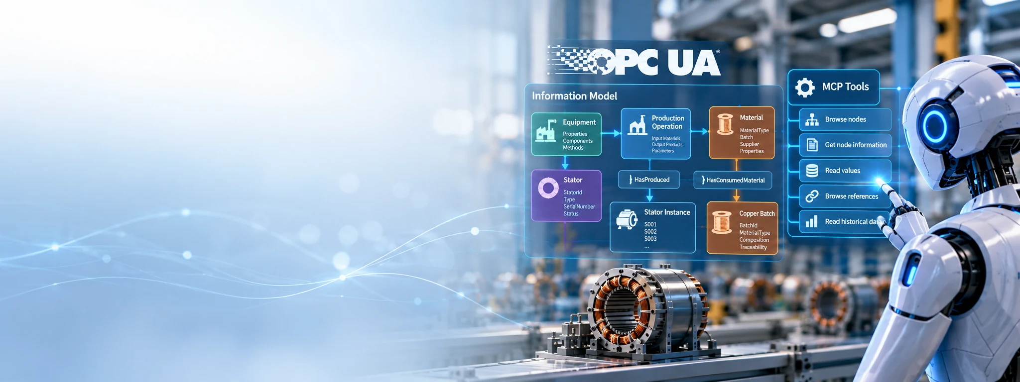 Industrial AI agent exploring an OPC UA information model through MCP tools. The illustration shows equipment, production operations, stator instances and copper batch relationships in a manufacturing environment, demonstrating how structured industrial data supports AI-driven traceability.