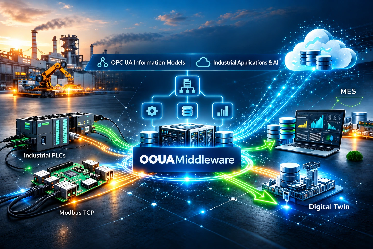 Industrial equipment connected through OOUAMiddleware and OPC UA information models to industrial applications, AI and digital twins.