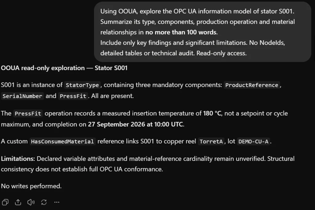 OPC UA MCP Integration demonstration with ChatGPT exploring stator S001, PressFit temperature and copper material traceability using OOUAMiddleware.